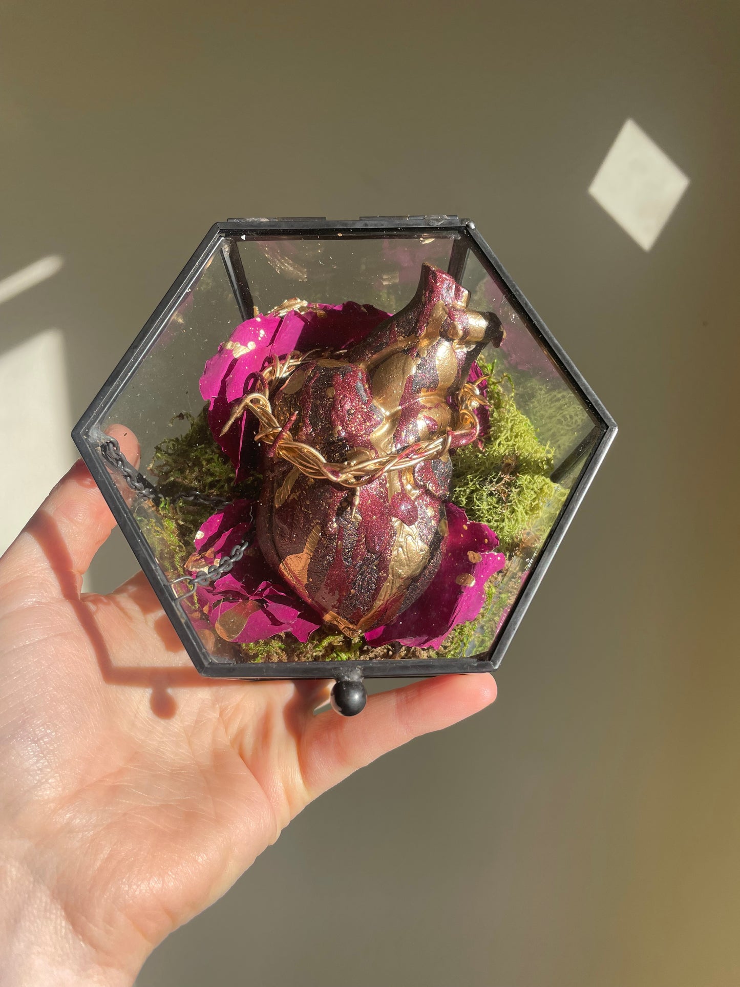 Oddity: Sacred Heart, dried roses, 14k gold paint