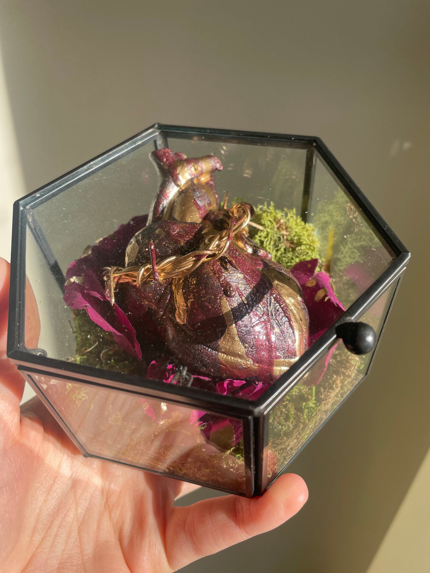 Oddity: Sacred Heart, dried roses, 14k gold paint