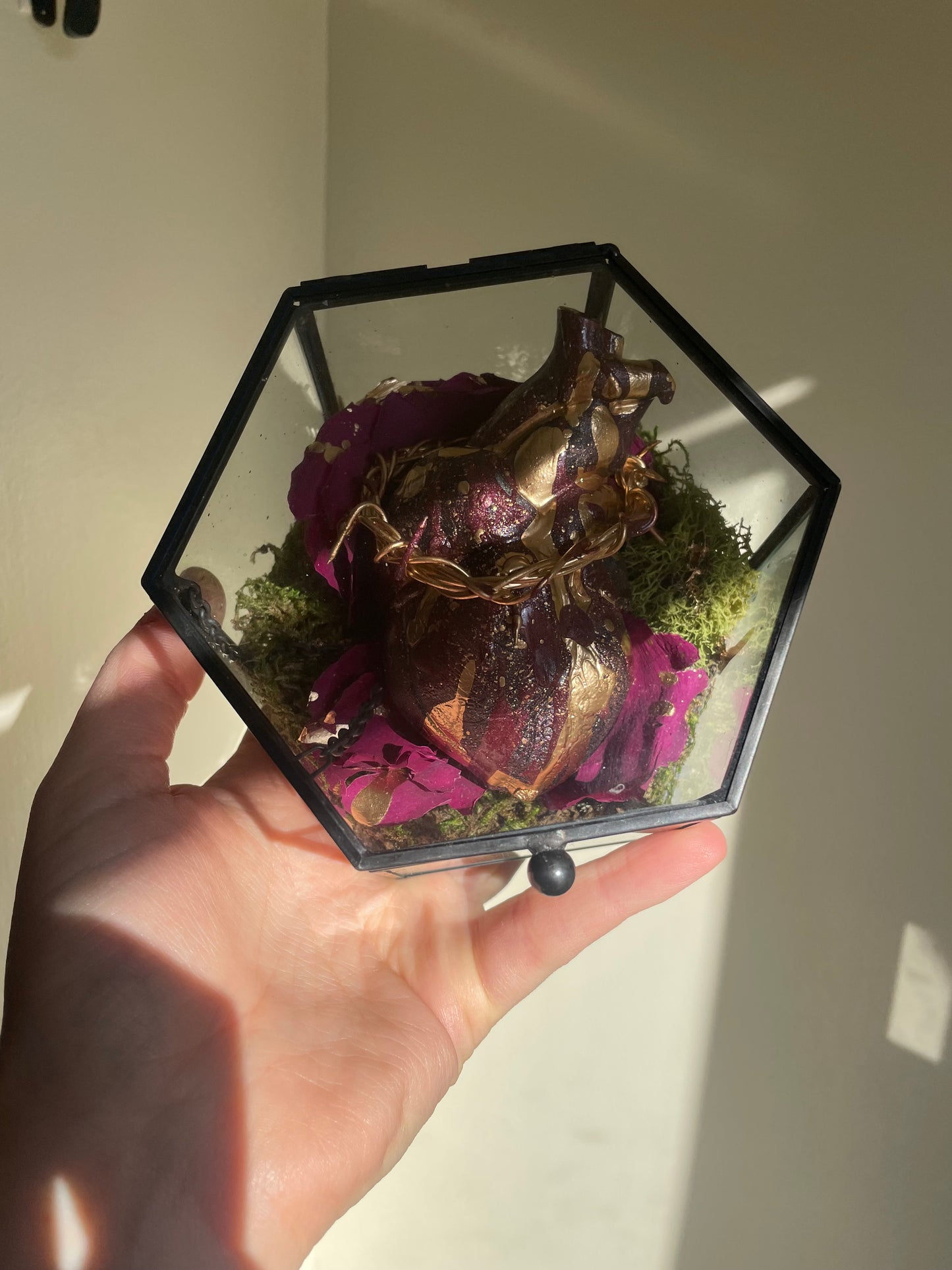 Oddity: Sacred Heart, dried roses, 14k gold paint