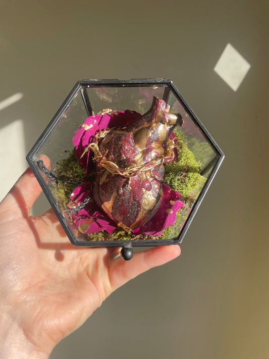 Oddity: Sacred Heart, dried roses, 14k gold paint